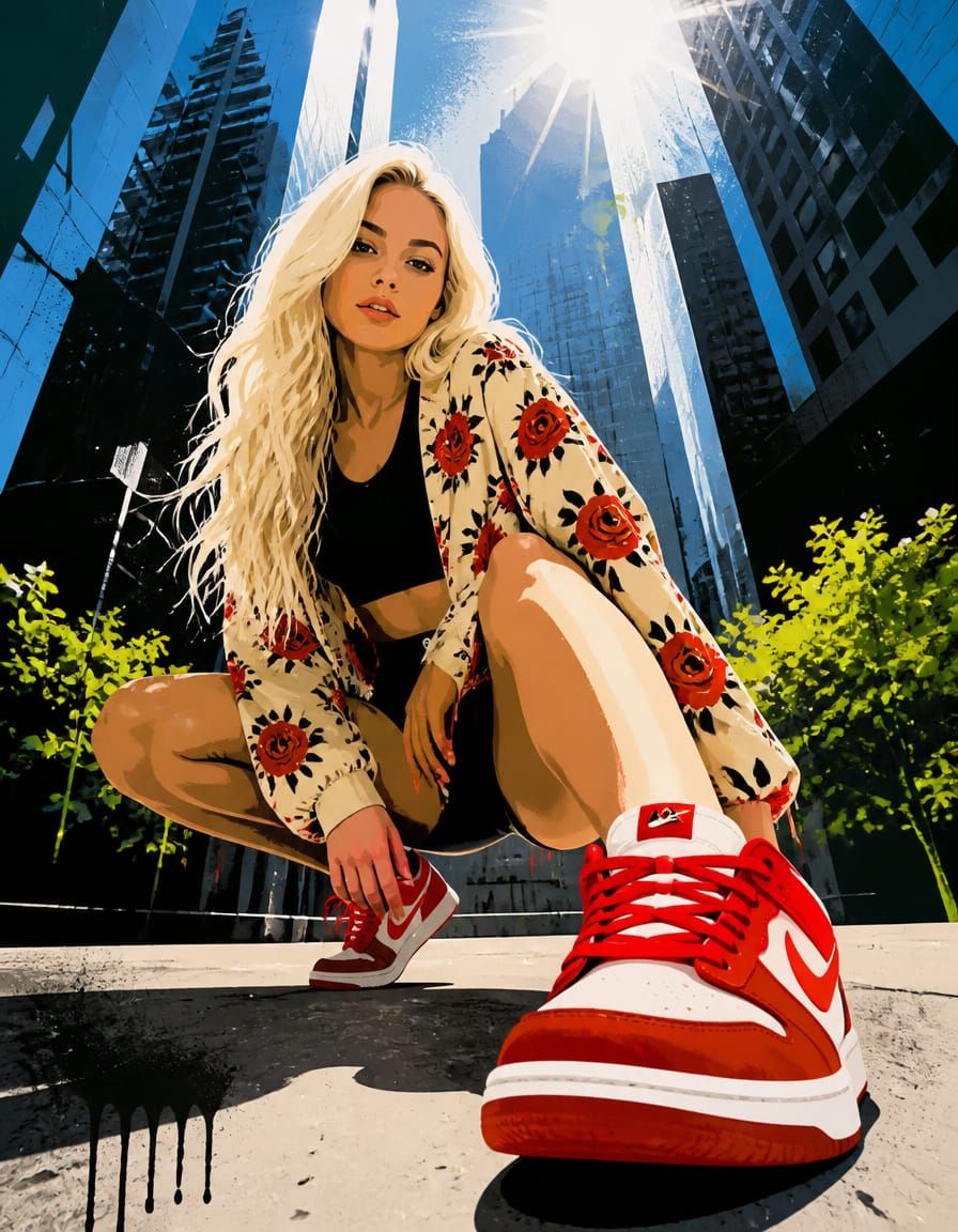 [Low angle stylized illustration of blonde woman crouching on a city sidewalk, wearing red and white sneakers under bright...
