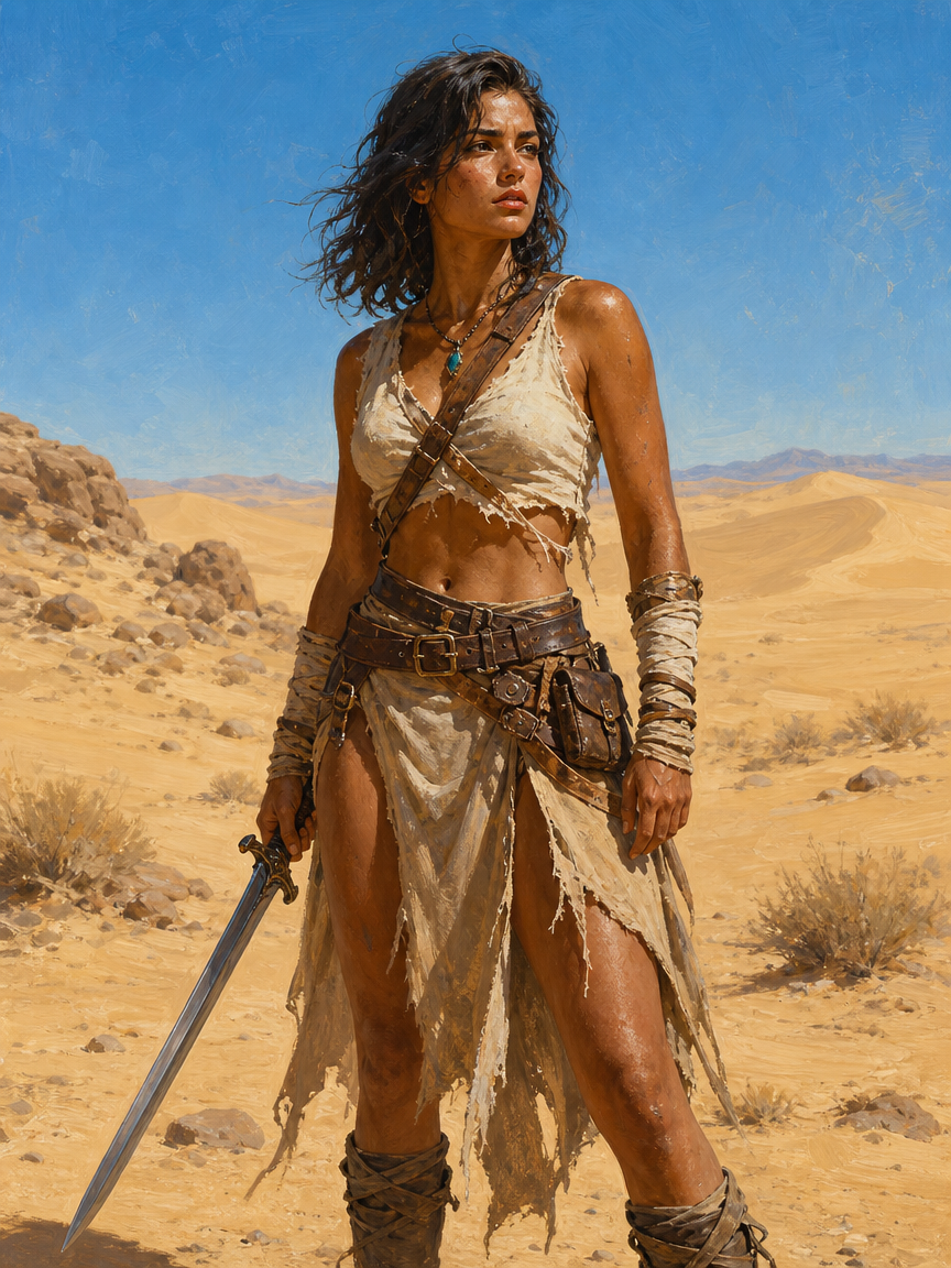Female desert warrior holding a sword stands resolute in a sunlit sandy desert under a bright clear blue sky
