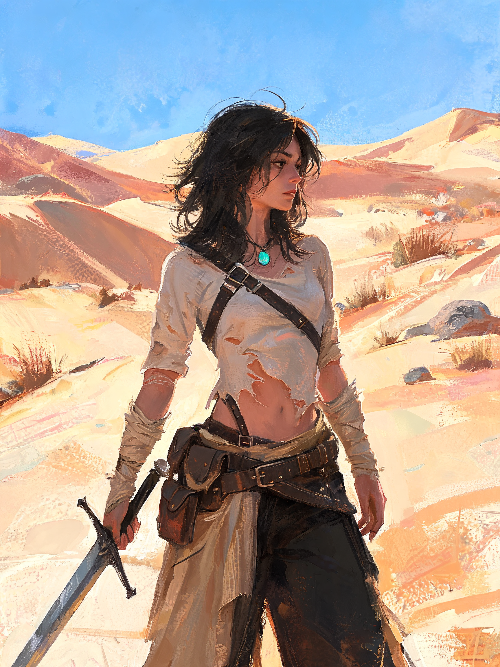 Female fantasy warrior holding a longsword stands in sunlit sandy desert dunes, wearing tattered travel gear and a turquoi...