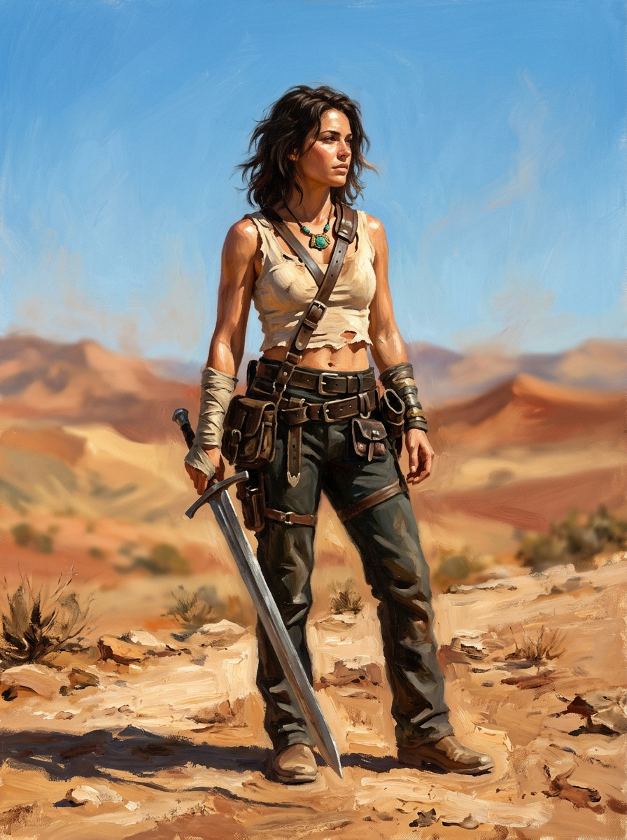 [Impressionist oil painting of a rugged female warrior holding a longsword, standing in a sunlit rocky desert under a brig...
