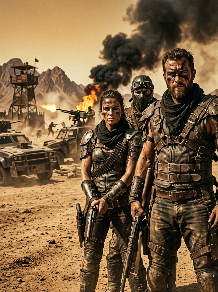 Three armored post-apocalyptic warriors stand in a burning desert wasteland outpost, with battle smoke and combat vehicles...