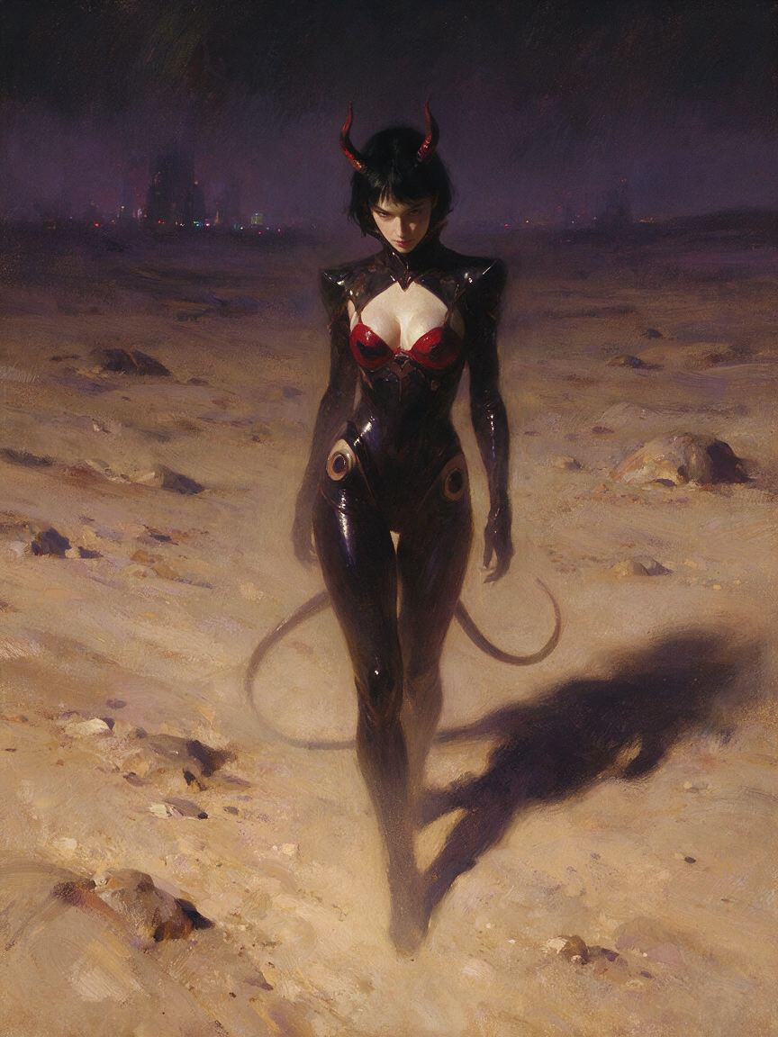 Painterly artwork of a horned demonic woman in a glossy black bodysuit walking across a dusty desert plain at dusk.