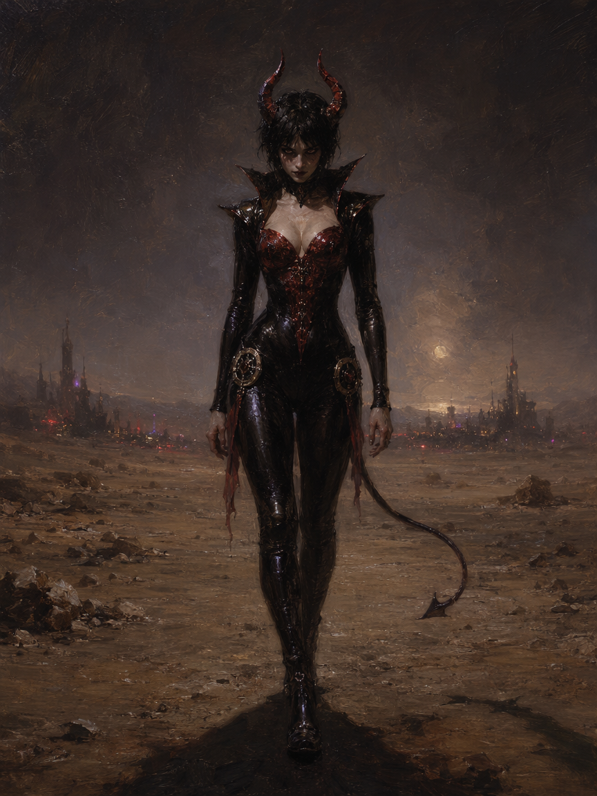 [Horned female demon in glossy black and red armor walks toward the viewer across a desolate hellish wasteland, distant sp...