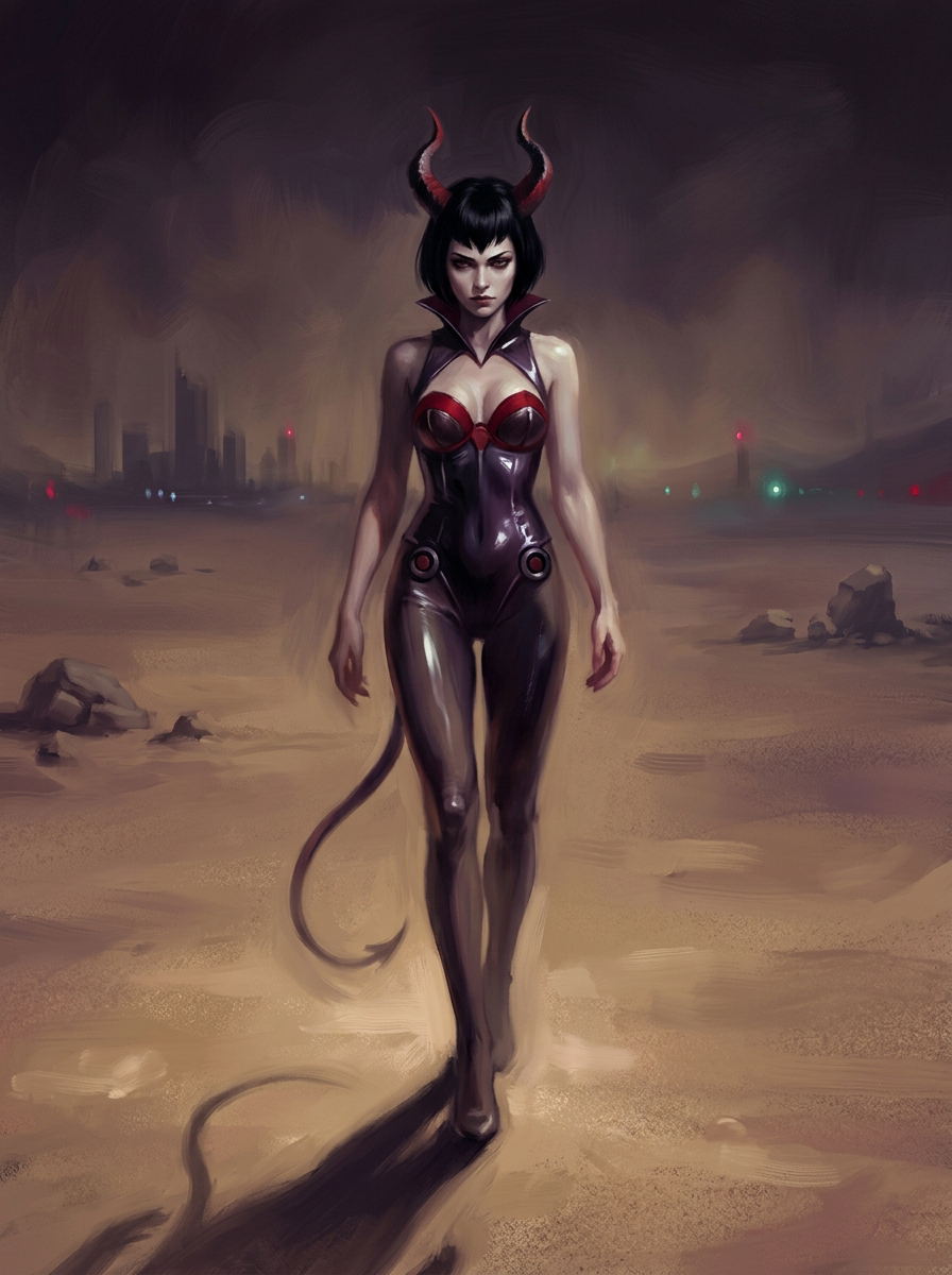 [Demonic fantasy woman with red horns, devil tail, and shiny bodysuit walks across a barren hazy desert, distant city skyl...