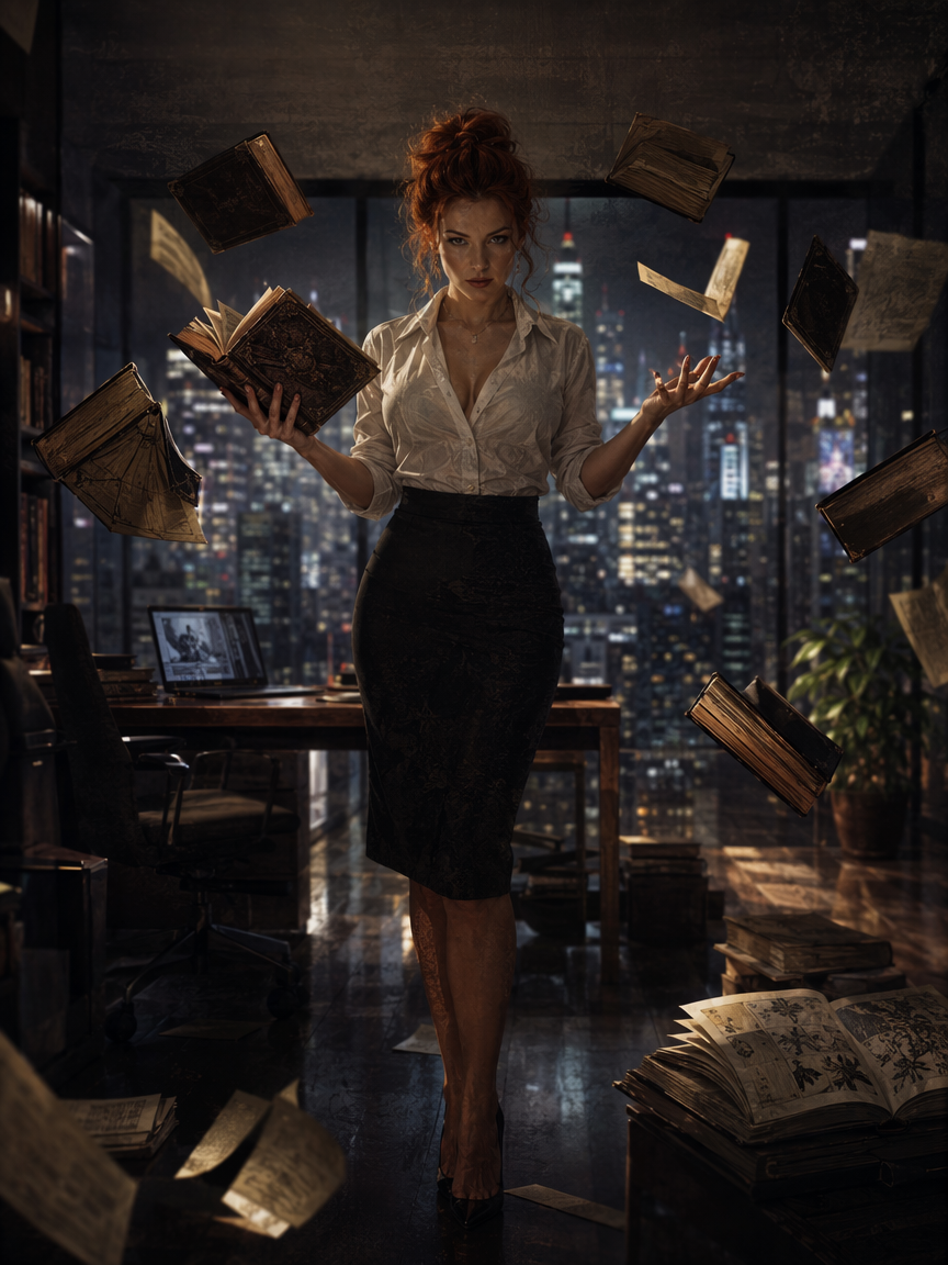 Confident red-haired woman stands in a night high-rise office, surrounded by floating antique books controlled by telekine...