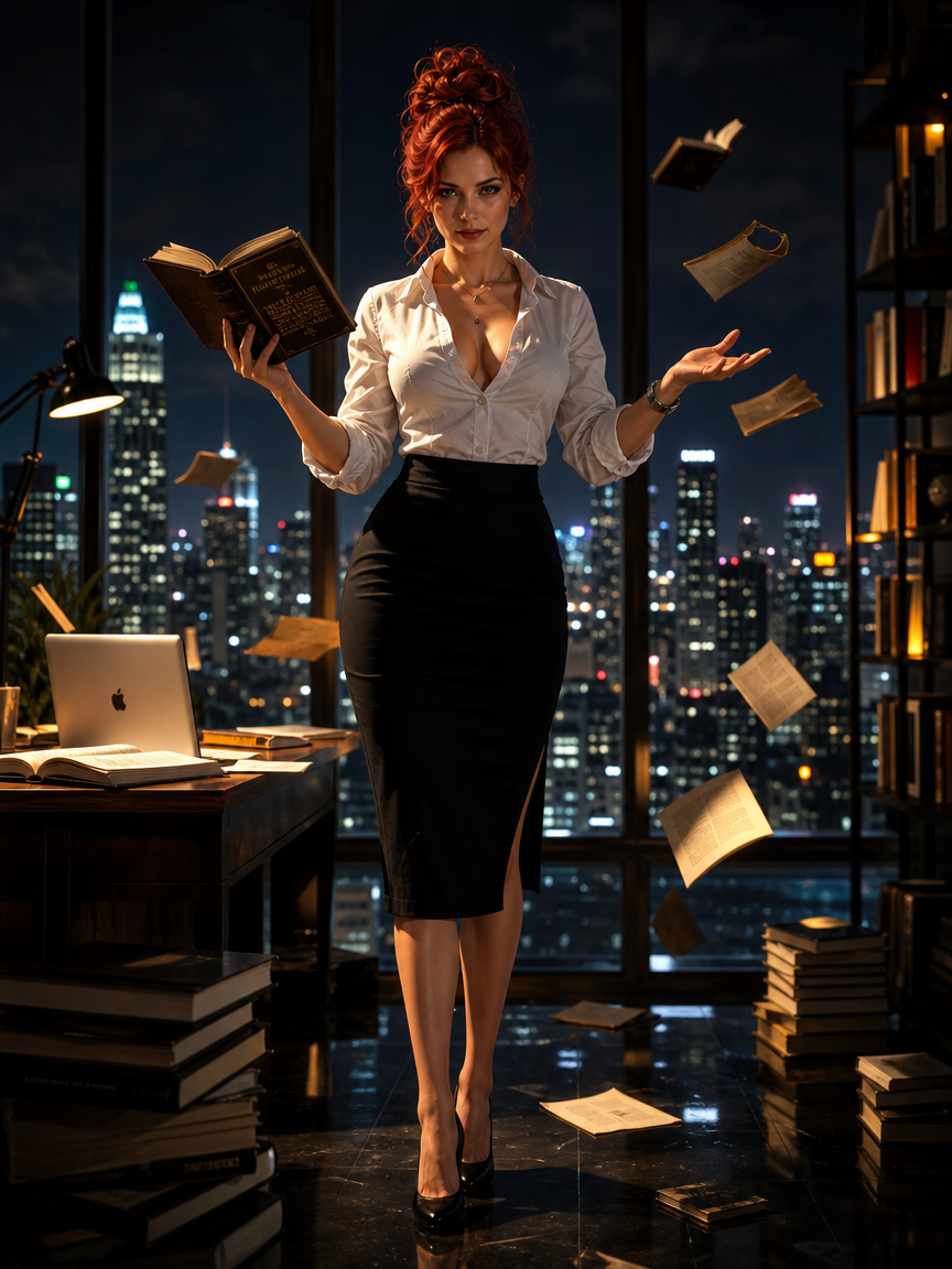 Red-haired professional woman juggling floating books in a high-rise office with night city skyline view.