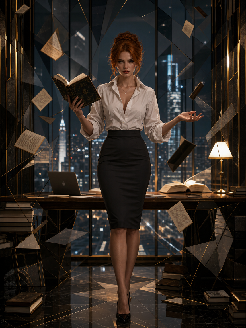Red-haired elegant businesswoman holds an open book, surrounded by floating pages in a luxury night-time high-rise office.