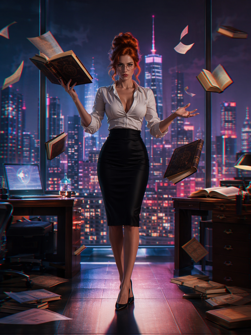 Red-haired businesswoman with floating books stands in a neon-lit high-rise office overlooking a night city skyline