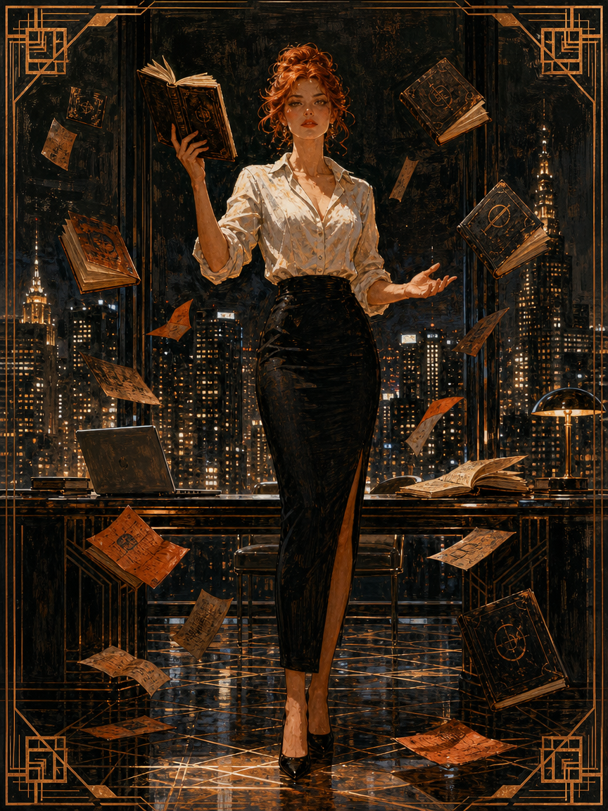 Elegant red-haired woman levitating magical books in a gilded art deco penthouse office overlooking night NYC skyline