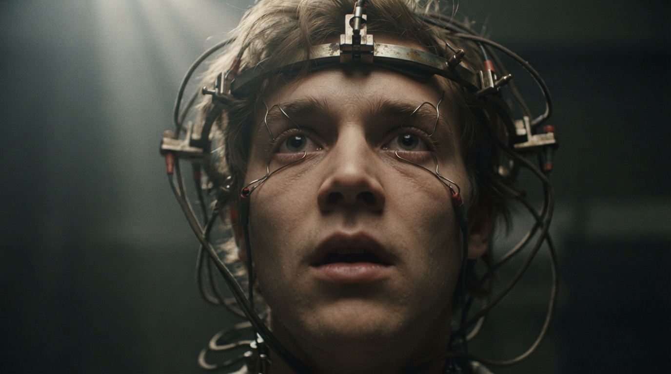 Close-up portrait of a wide-eyed young man wearing a wired experimental neural headgear, looking upward in a hazy dark lab...