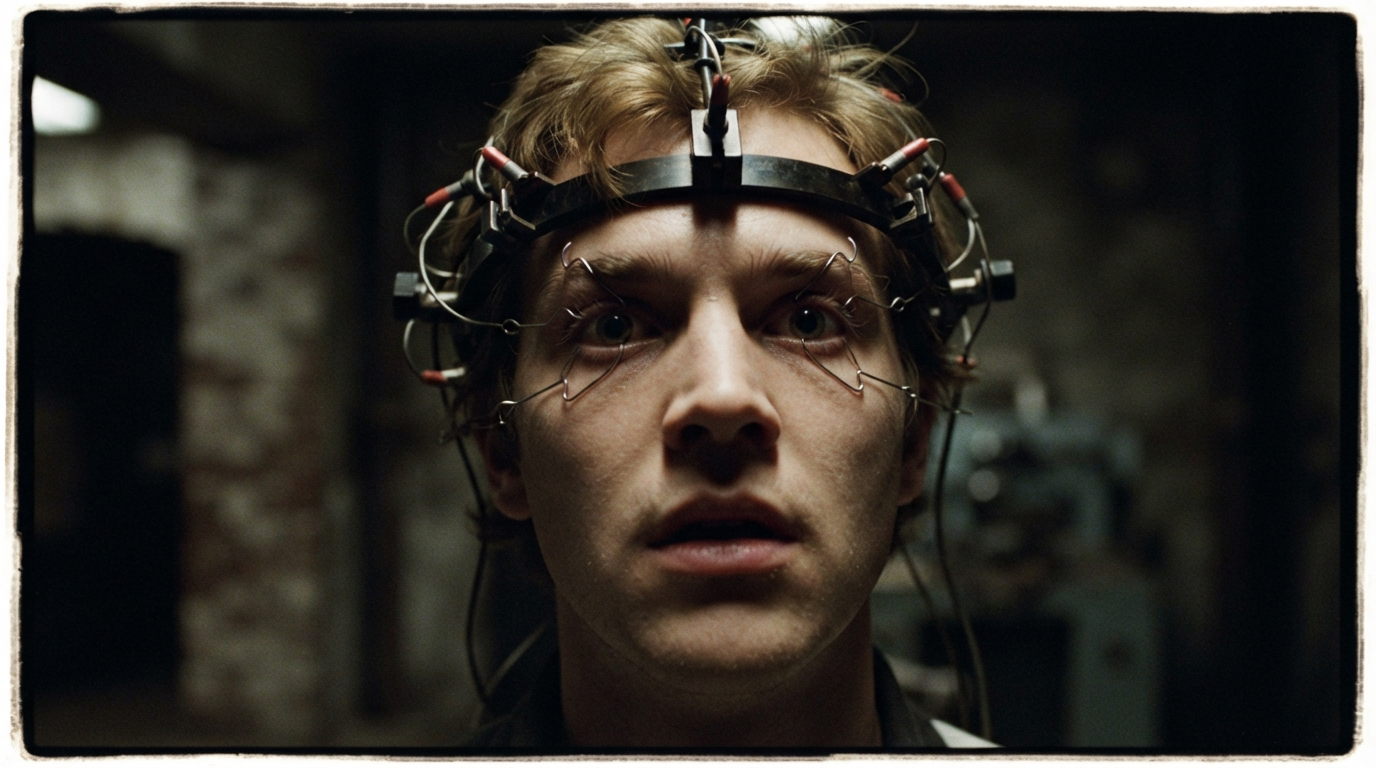 Close-up of wide-eyed shocked young man wearing a wired experimental head rig with eye clamps in a dim lab.