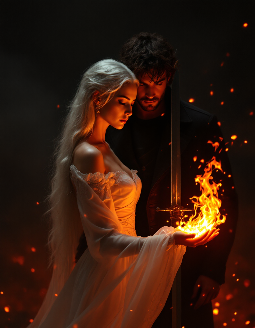 Ethereal platinum-haired fantasy woman holds glowing flame, standing close to a brooding sword-wielding warrior against a ...