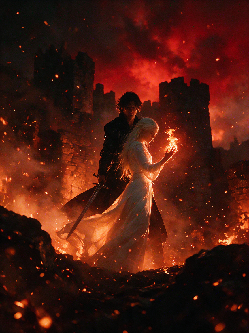 Fantasy scene: Warrior with sword stands behind flame-wielding sorceress amid burning castle ruins at fiery dusk