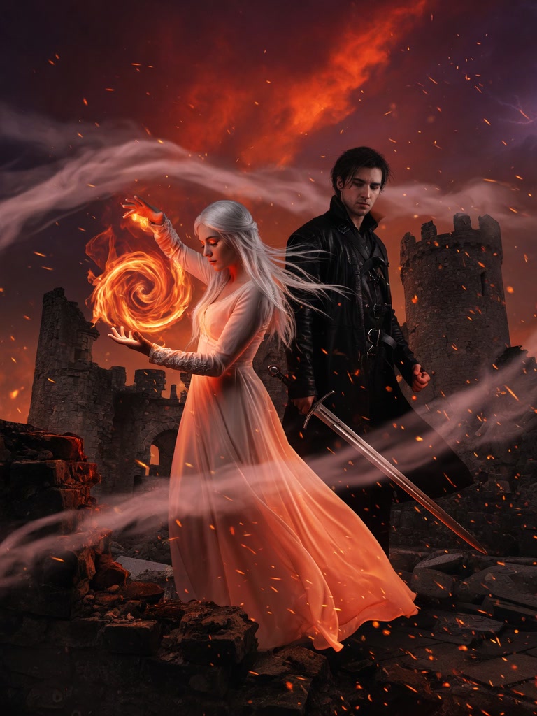 Silver-haired sorceress conjures swirling fire magic beside a sword-wielding warrior at a storm-lit ruined castle.