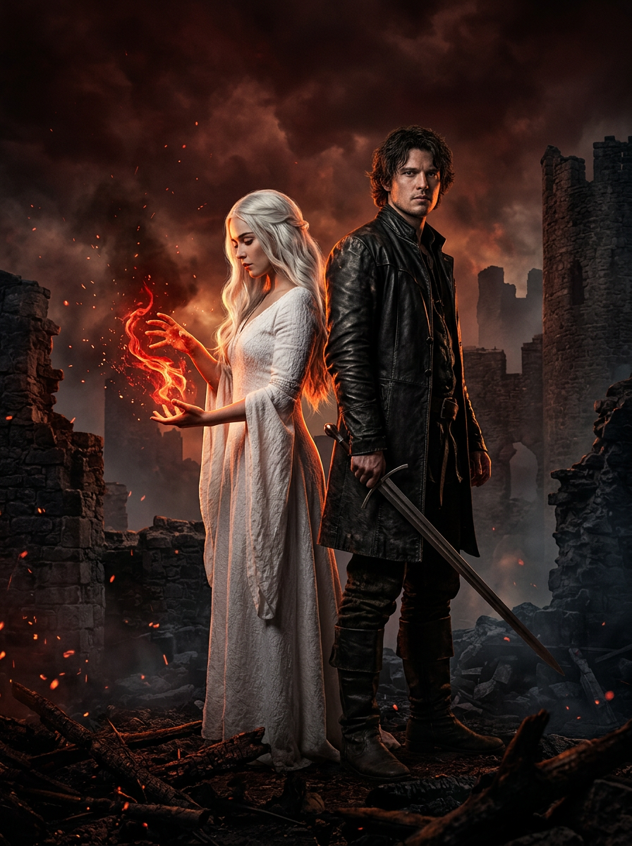 Silver-haired sorceress conjures fire magic beside sword-wielding warrior, standing in burning medieval castle ruins.