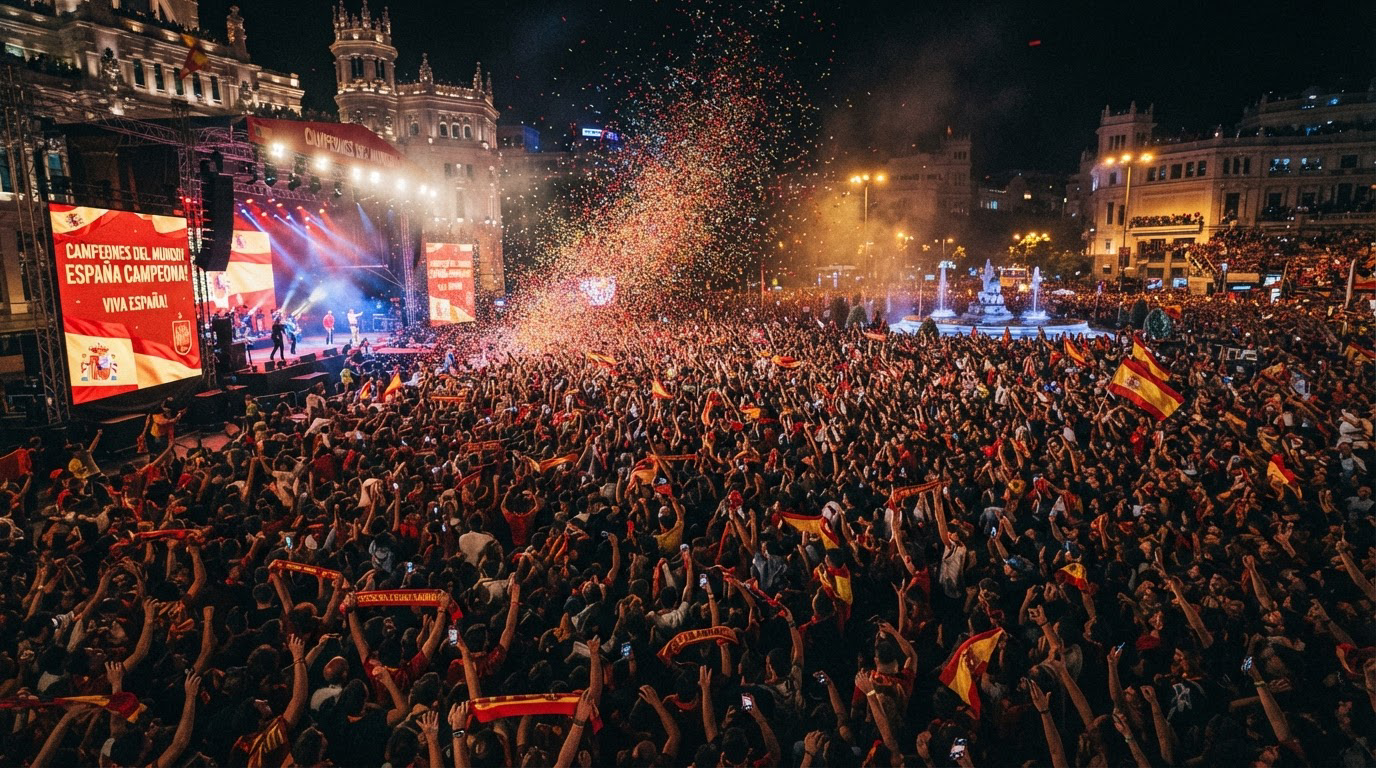 [Jubilant night championship celebration in Madrid plaza, huge crowd waving Spanish flags, confetti falling beside a lit c...