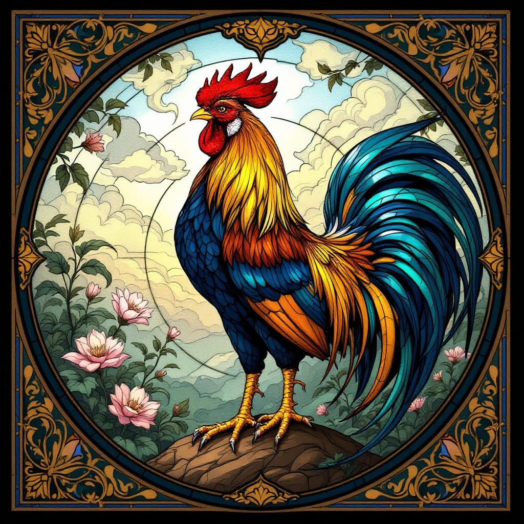[Stained glass style illustration of a vibrant multicolored rooster perched on a rock, framed by ornate scrollwork and wil...