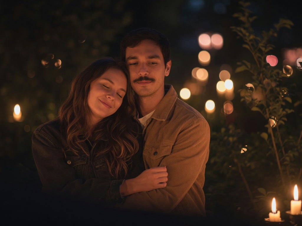 Young happy couple embracing outdoors at night, bathed in warm candlelight with soft bokeh fairy lights in the background.