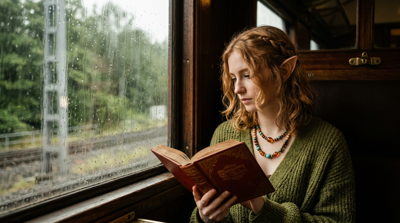 Pointy-eared elf woman reads an old leather book seated next to a rainy vintage train window overlooking forest tracks