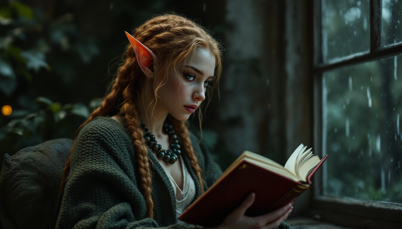 Young braided red-haired elf woman holding an open book sits beside a rain-streaked fogged cottage window.
