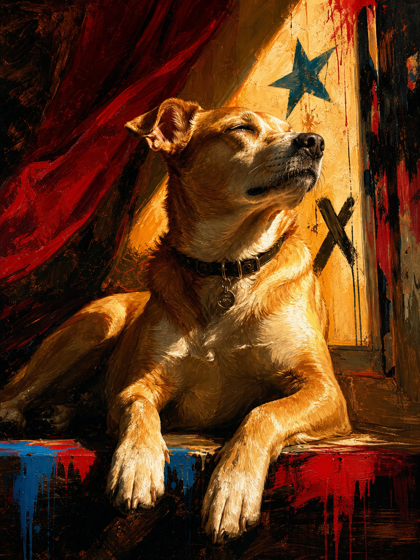Impressionist oil painting of a content relaxed tan dog resting in front of a stylized Puerto Rican flag backdrop