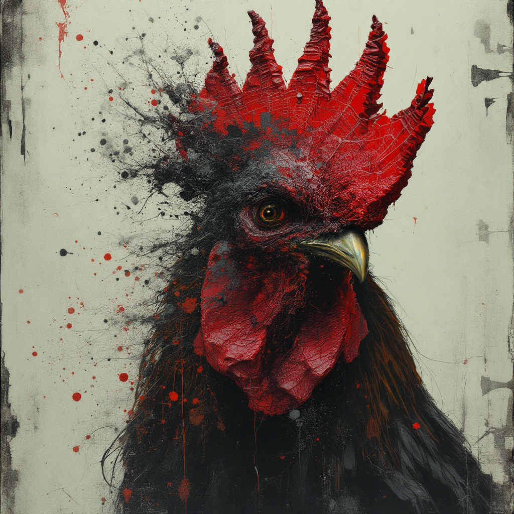Close-up grunge portrait of a rooster with bright red textured comb, paint splatters on a muted off-white background.