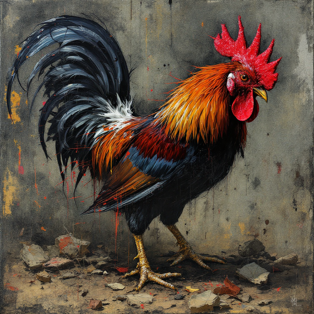 Textured painterly portrait of a colorful rooster with bright red comb standing on rubble against a grunge muted background.