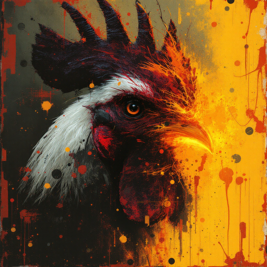 [Close-up stylized rooster portrait with fiery orange highlights, textured paint splatter, contrasting dark and golden yel...