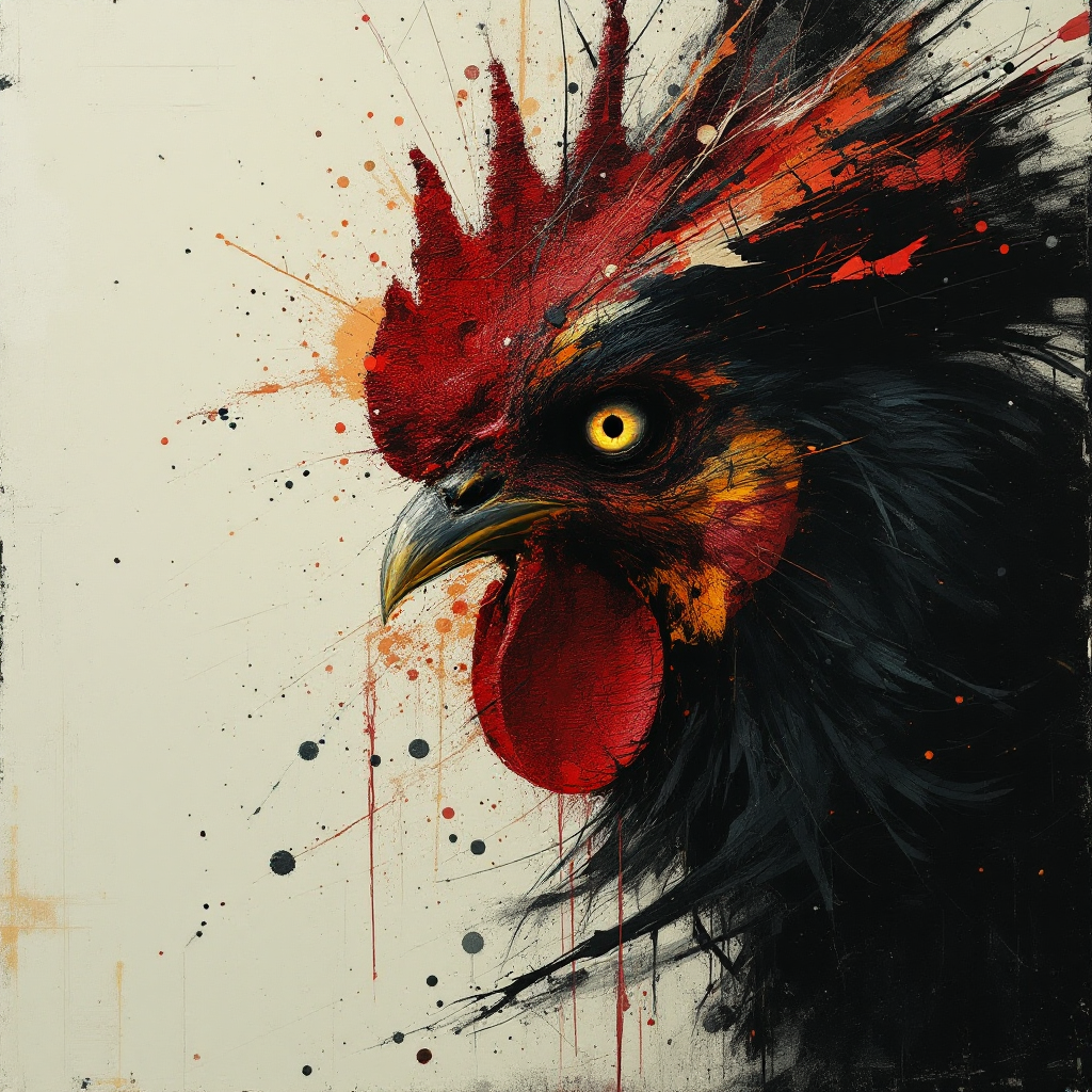 [Expressive splatter style painting of a fierce rooster head with bright red comb, intense yellow eye, on a muted off-whit...