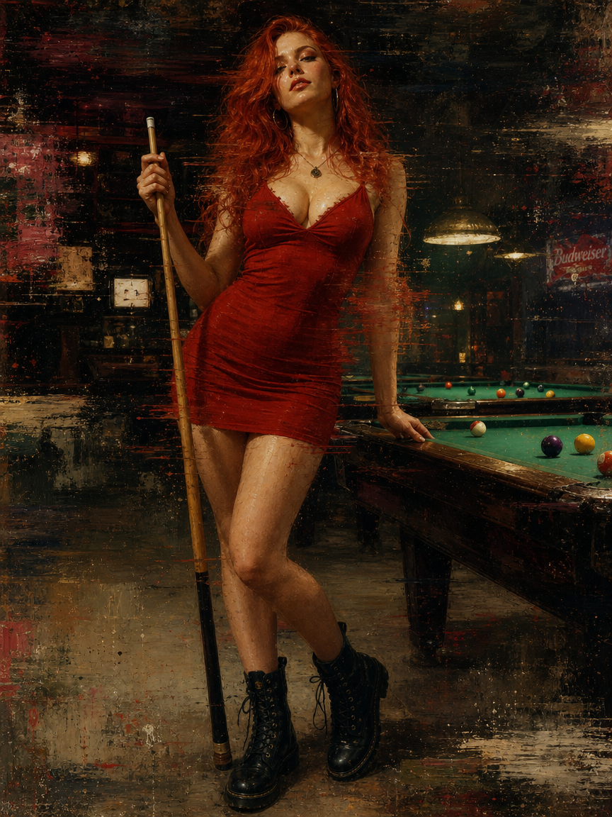 [Textured painterly portrait of red-haired woman in red dress holding a pool cue beside a billiards table in a moody vinta...