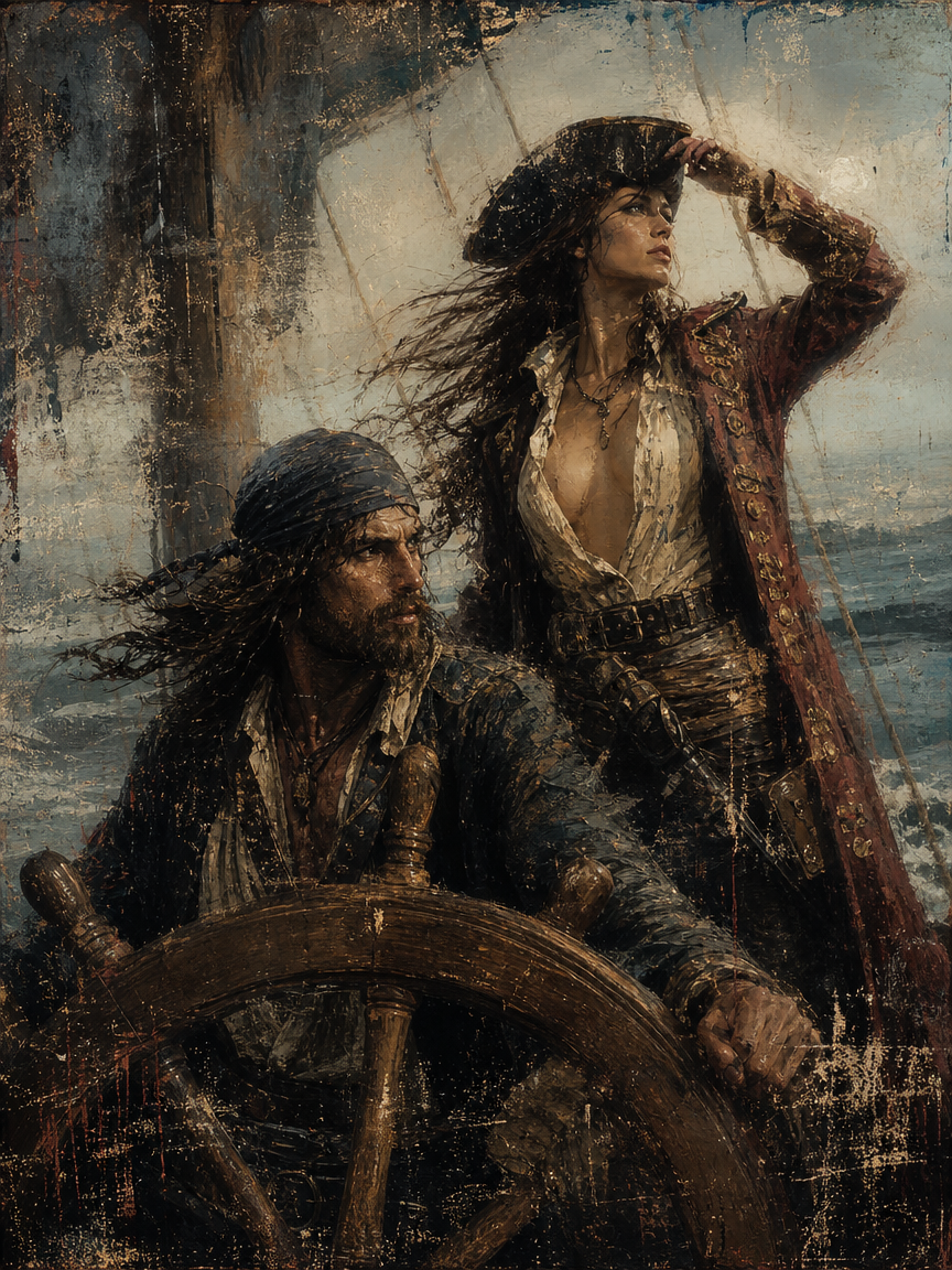 [Distressed vintage painting of a pirate couple navigating stormy seas, man at the ship's wheel, female captain scanning t...