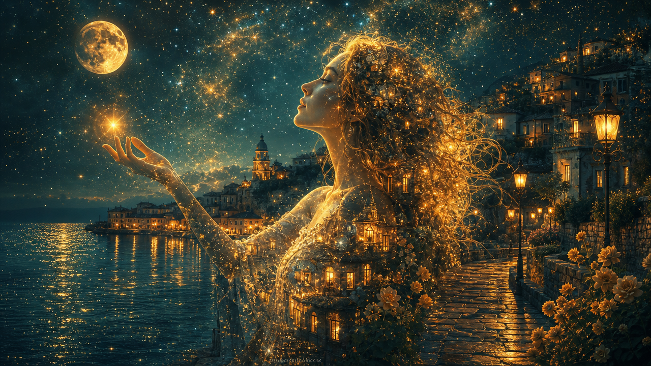 Surreal double exposure fantasy art of a glowing ethereal woman holding a star, overlooking a lit coastal town under a ful...
