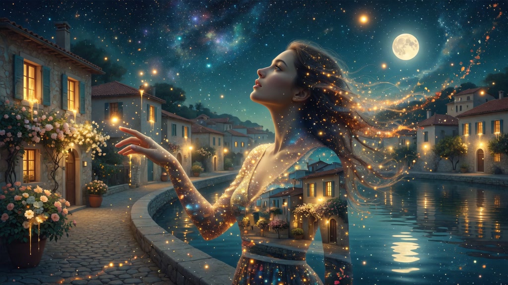 [Ethereal sparkly translucent woman gazes upward, double exposed with a Mediterranean canal village under a starry full mo...