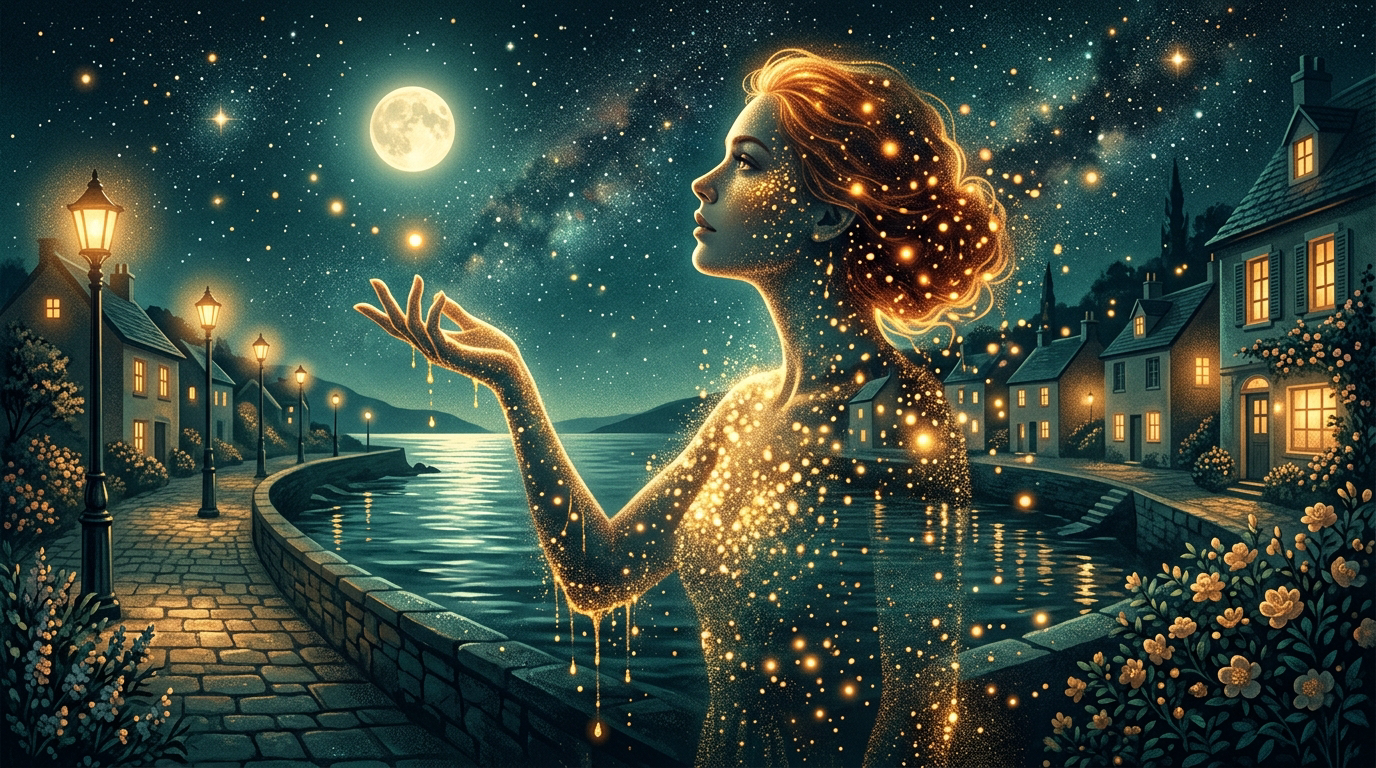 [Ethereal glittering golden female spirit reaches out toward a full moon, above a quiet moonlit coastal village waterfront...