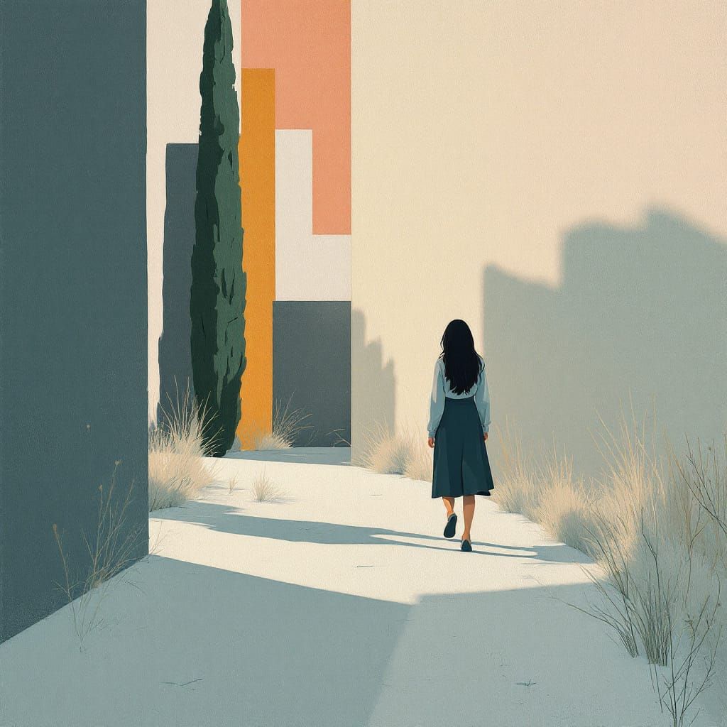 Minimalist surreal illustration of a woman walking down a sunlit geometric alley lined with grasses and a tall cypress tree.