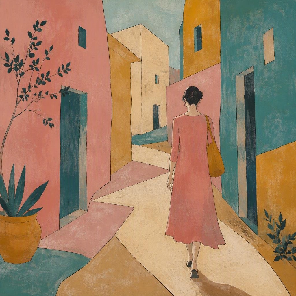 Illustrated woman in a pink maxi dress walks down a sunlit pastel Mediterranean village alley, lined with colorful stucco ...