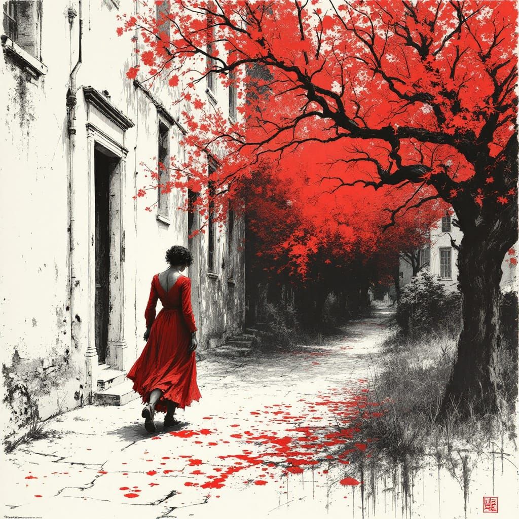 Woman in flowing red dress walks down weathered alley lined with bright red leaf trees, selective color ink illustration.