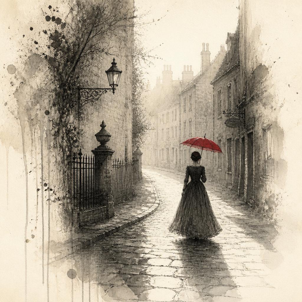 Ink wash illustration of a Victorian woman holding a bright red umbrella walking down a misty historic cobblestone town st...