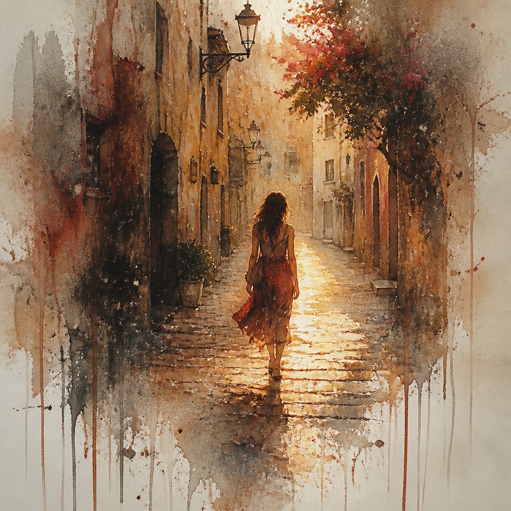 Watercolor painting of a woman in a red dress walking down a sunlit old cobblestone European alley at golden hour
