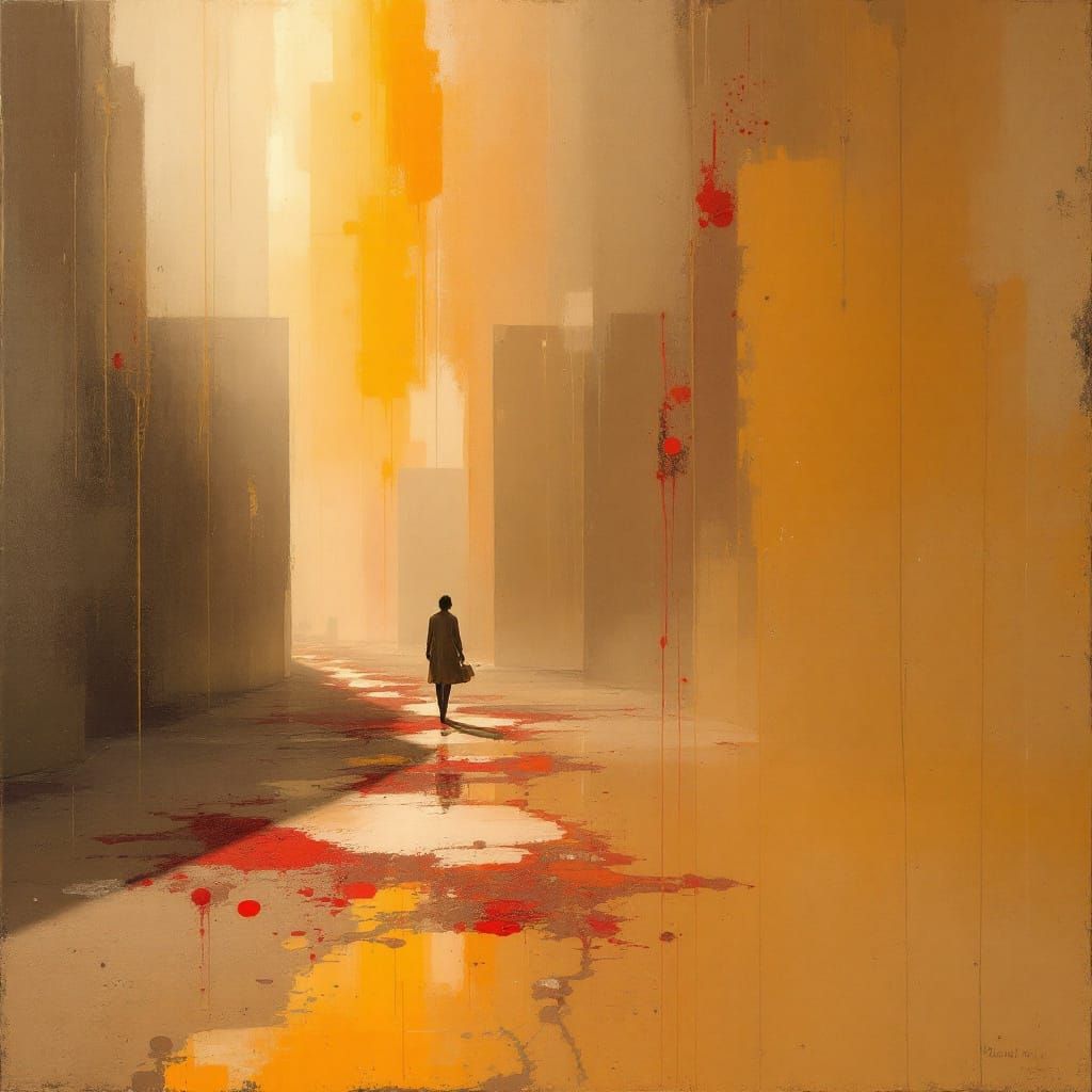 Abstract expressionist painting of a lone figure walking down a hazy sunlit city street with warm golden and red paint spl...