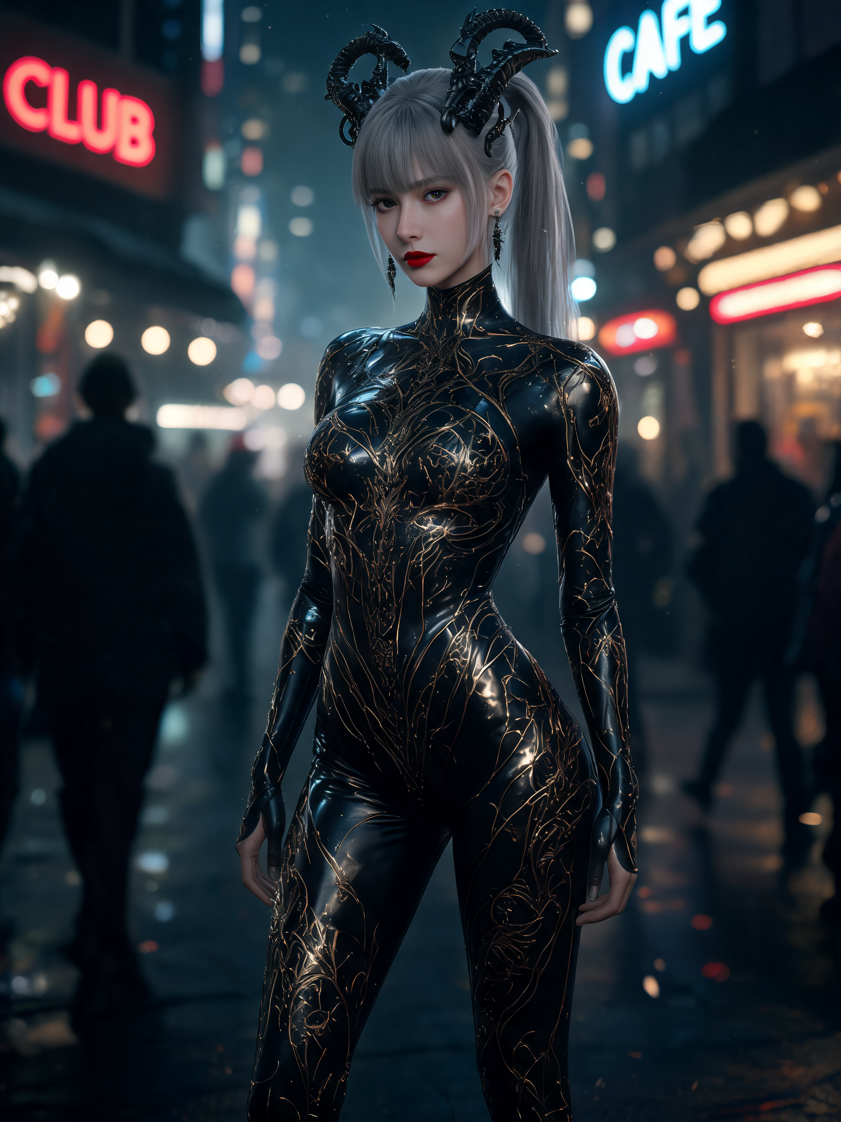 Cyberpunk woman with horned headpiece, silver hair, and gold-detailed black catsuit stands on neon lit rainy city street a...