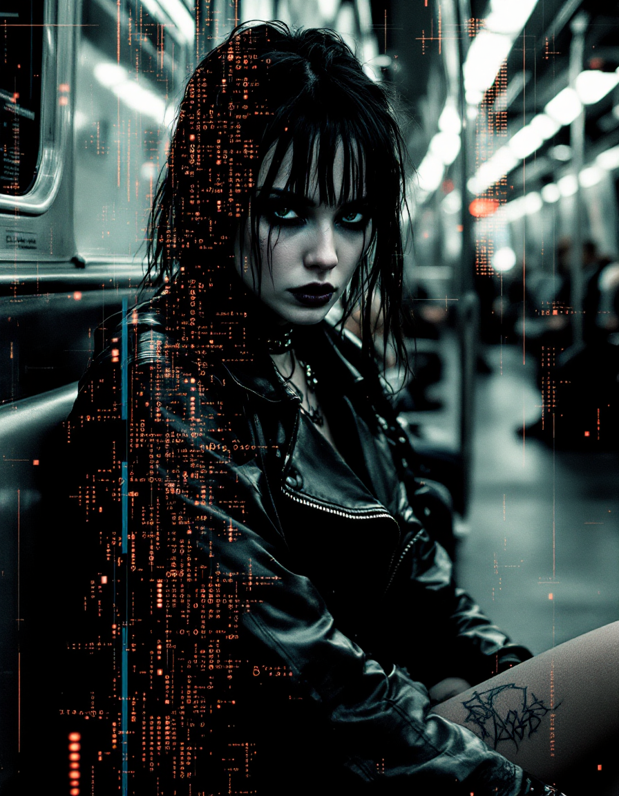 [Goth woman in a leather jacket sits on a subway, overlaid with glowing orange binary code glitch effects, staring directl...