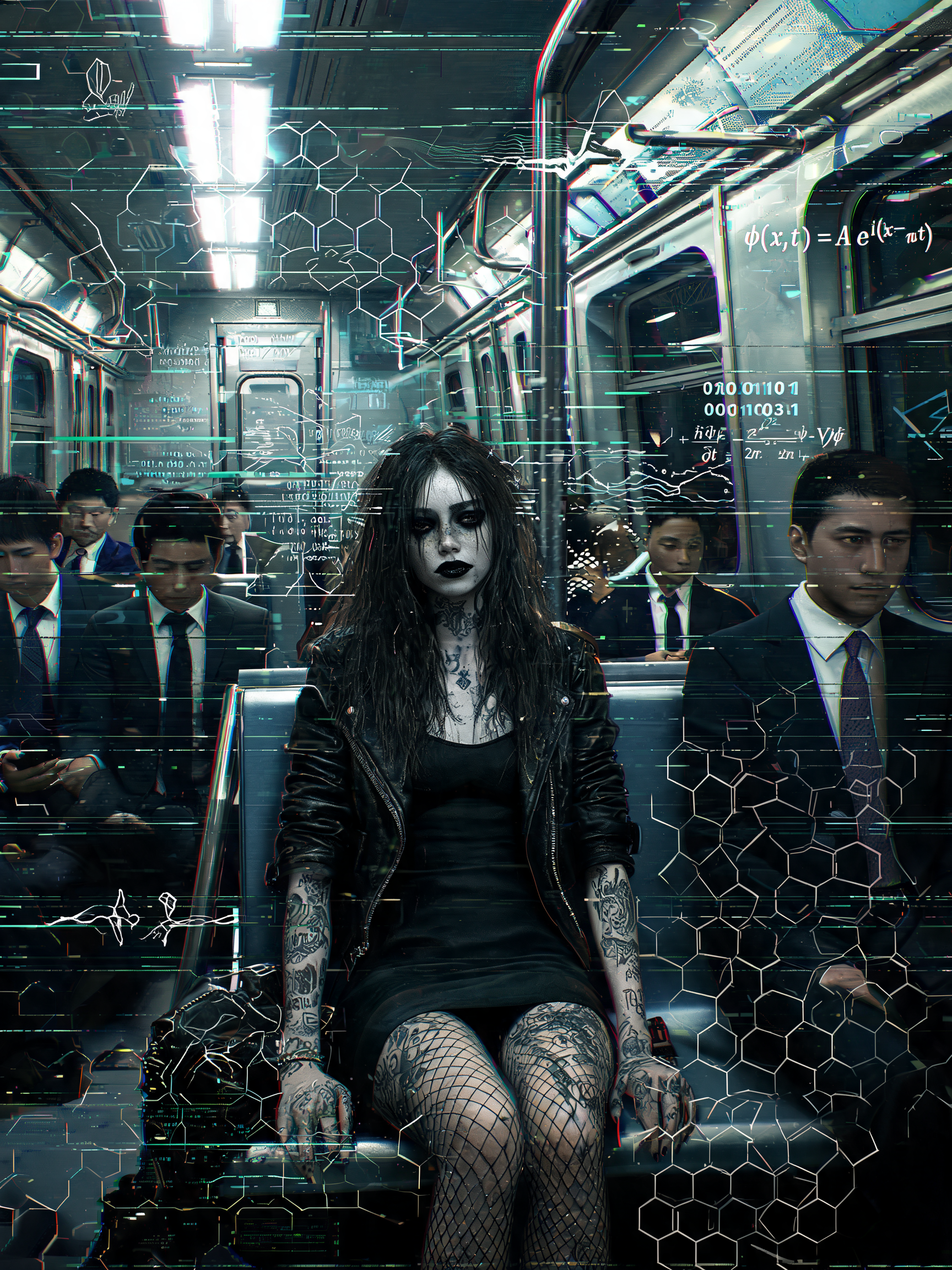 Tattooed goth woman sits centered in a glitchy futuristic subway car, surrounded by commuters with floating digital HUD ov...