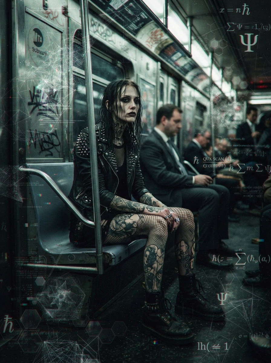 [Heavily tattooed goth woman in a studded leather jacket sits in a grungy NYC subway, overlaid with floating quantum math ...