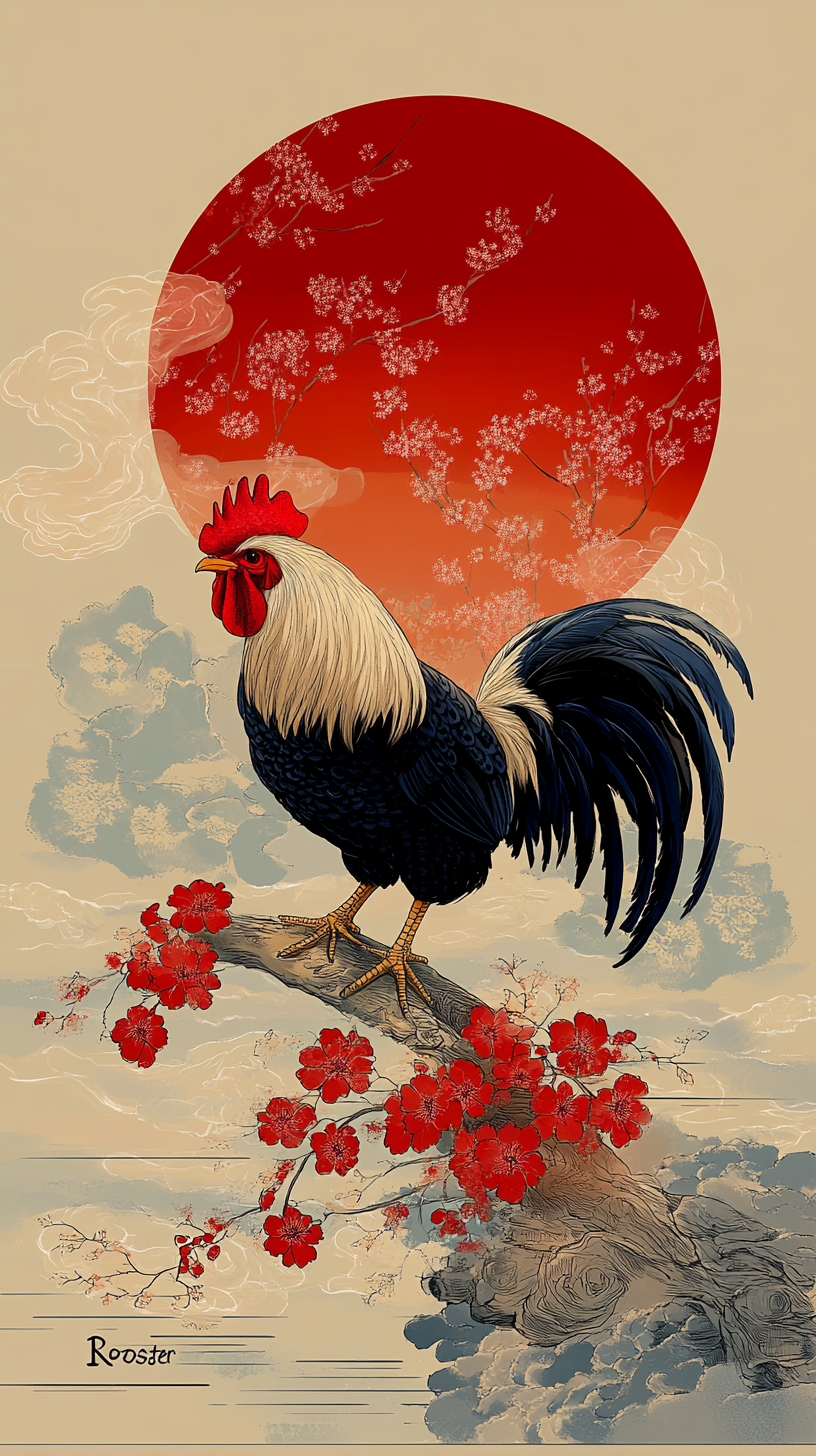 [Ukiyo-e style illustration of a colorful rooster perched on a flowering branch, backed by a red sun and cherry blossom mo...