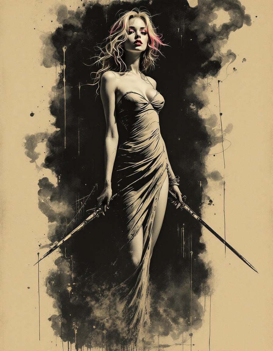 [Dramatic ink portrait of a fierce female warrior holding two ornate swords, wearing a draped gown against a smoky dark in...