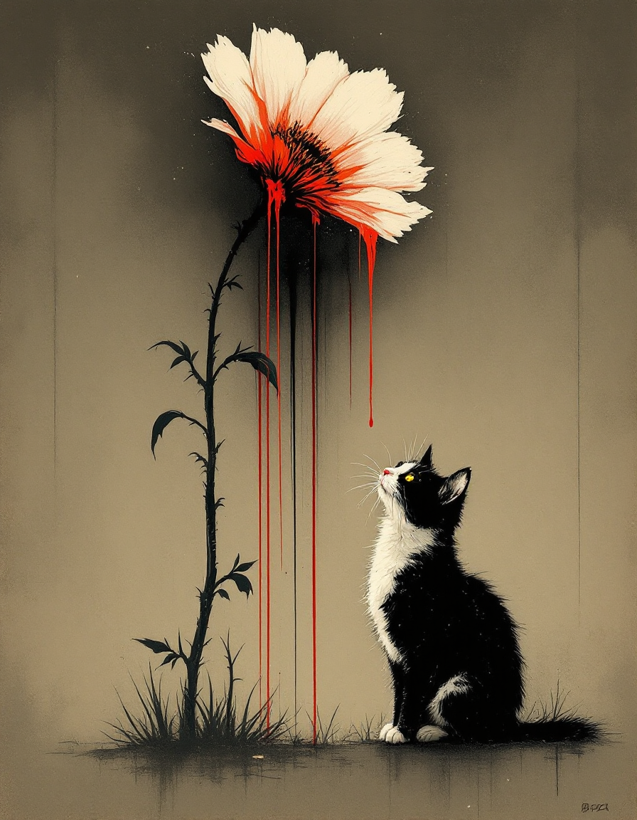 Fluffy black and white tuxedo cat looks up at a tall giant flower with bright red dripping streaks from its bloom