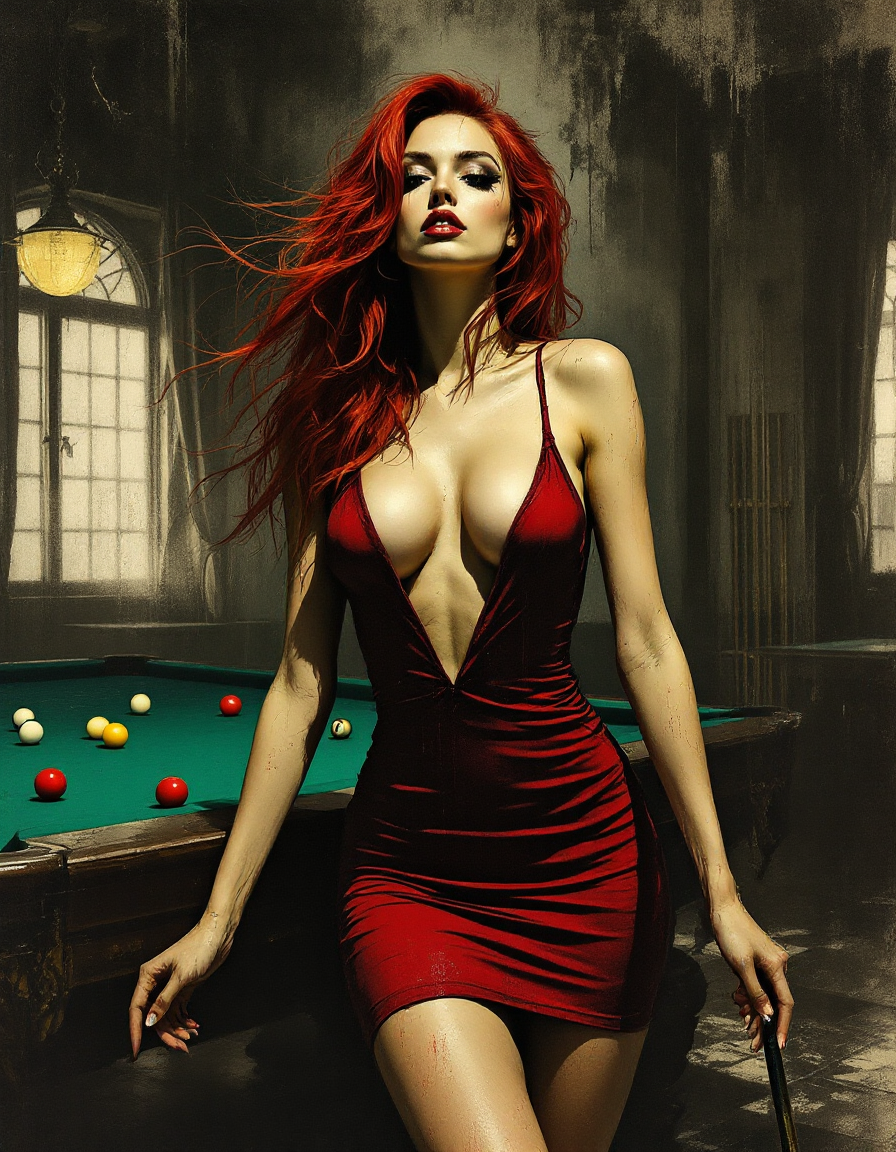 [Glamorous windswept red-haired woman in a deep plunge red dress holding a pool cue beside a billiards table in a moody vi...