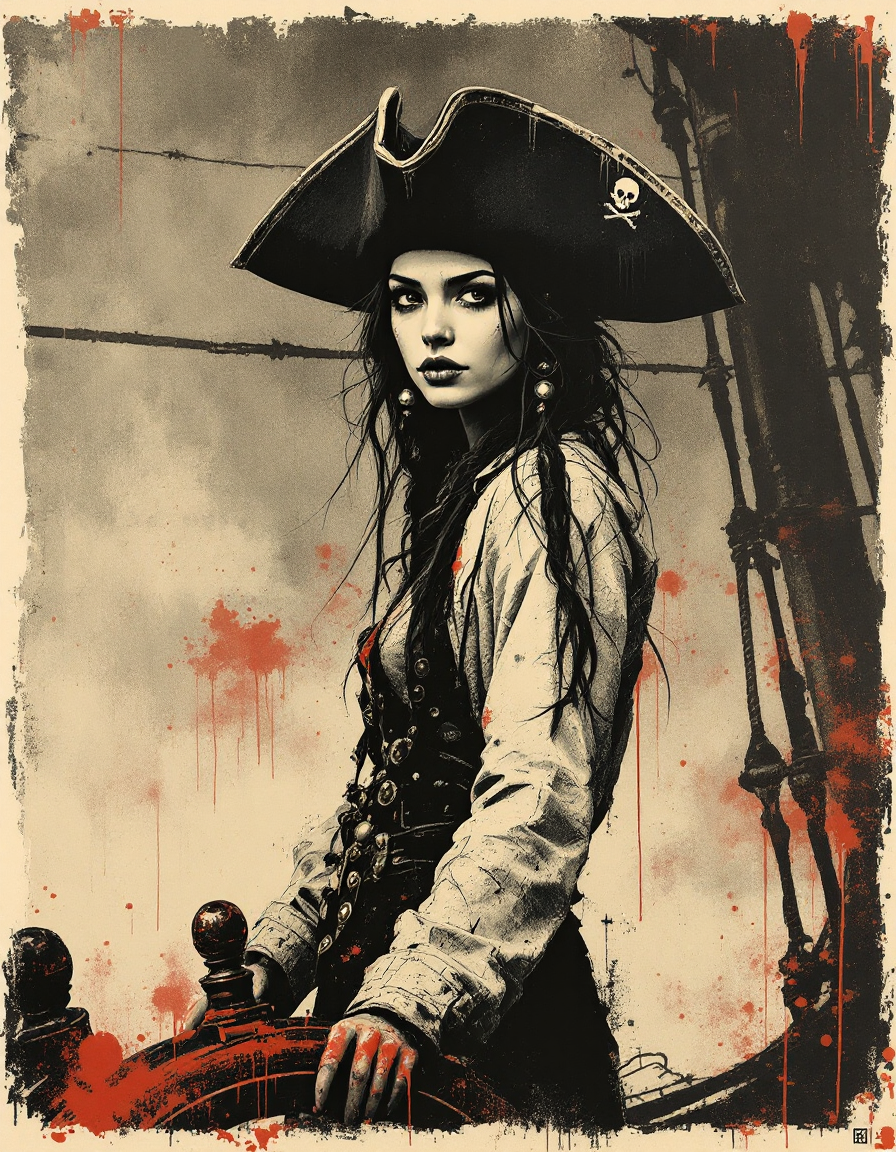[Gritty illustrated female pirate captain rests bloodied hands on a ship wheel, wearing a jolly roger tricorn hat on a sto...