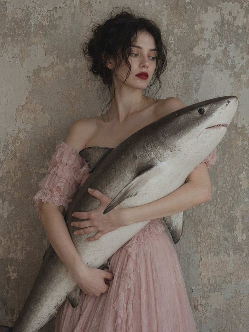 Elegant woman in pink ruffled gown gently holding a large shark against a weathered peeling plaster wall.